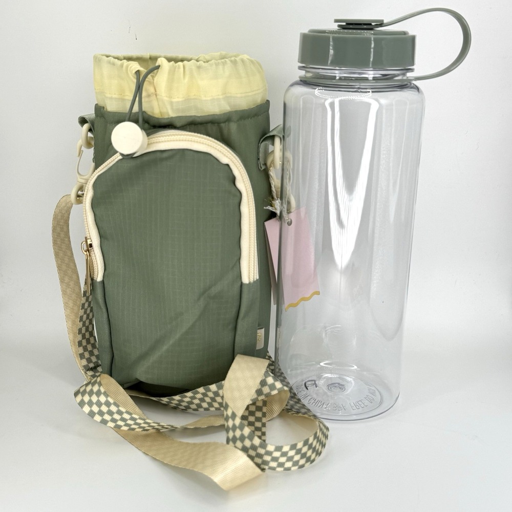 Garven Hydration Crossbody Bag with 1000mL‎ Water Bottle Green Beige Check Strap